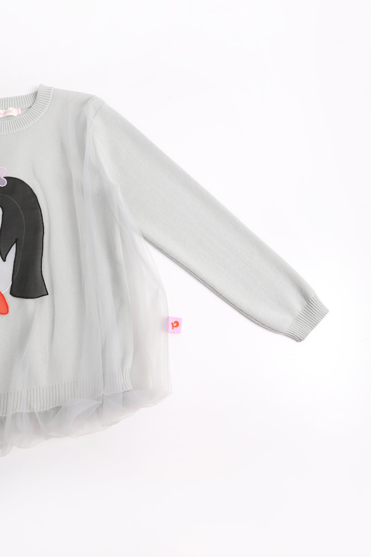 Ink-Wash Organza Embroidered Sweater — Pencil Grey; construction and decoration detail