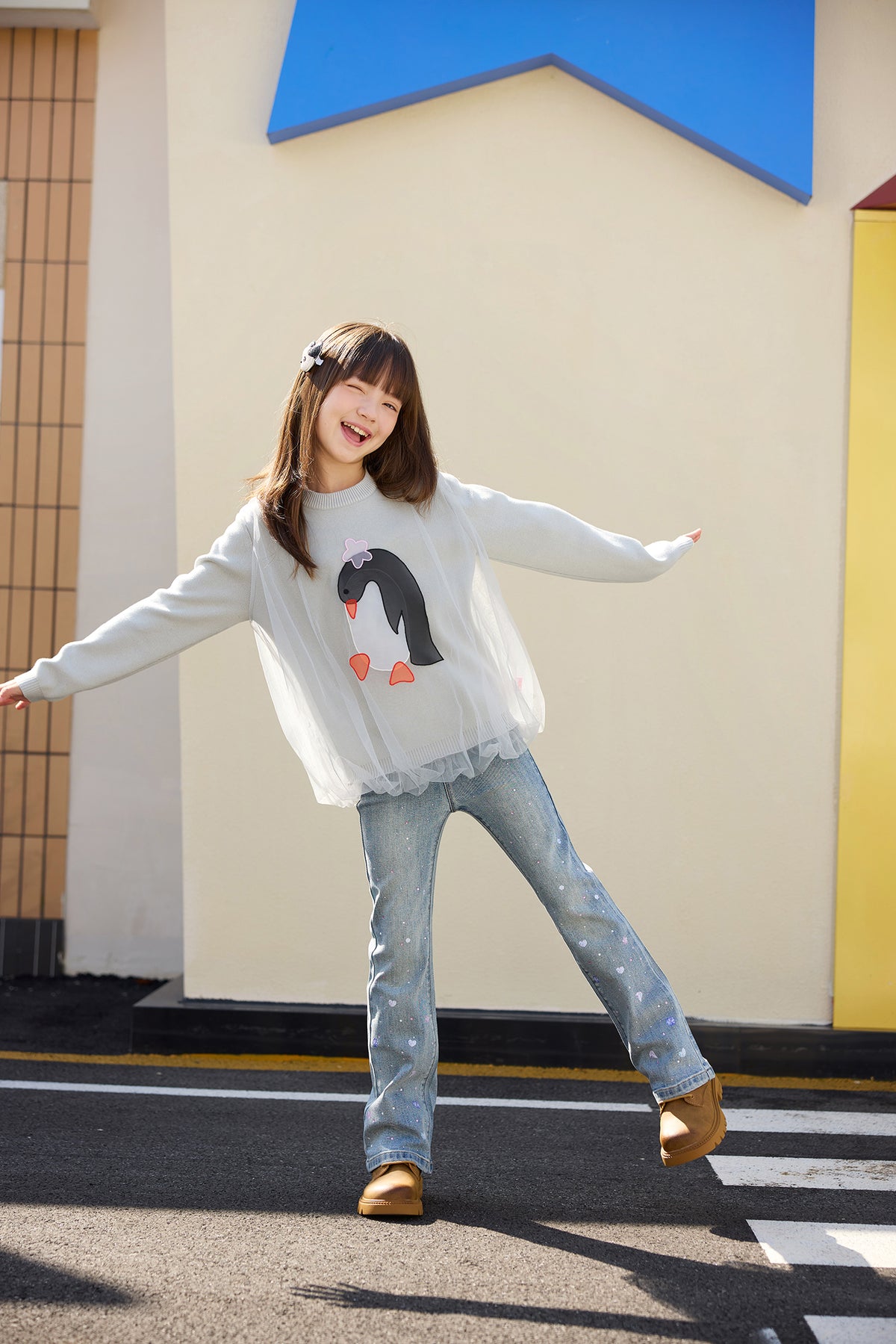 Ink-Wash Organza Embroidered Sweater — Pencil Grey; worn view; other styled garments and accessories are not included