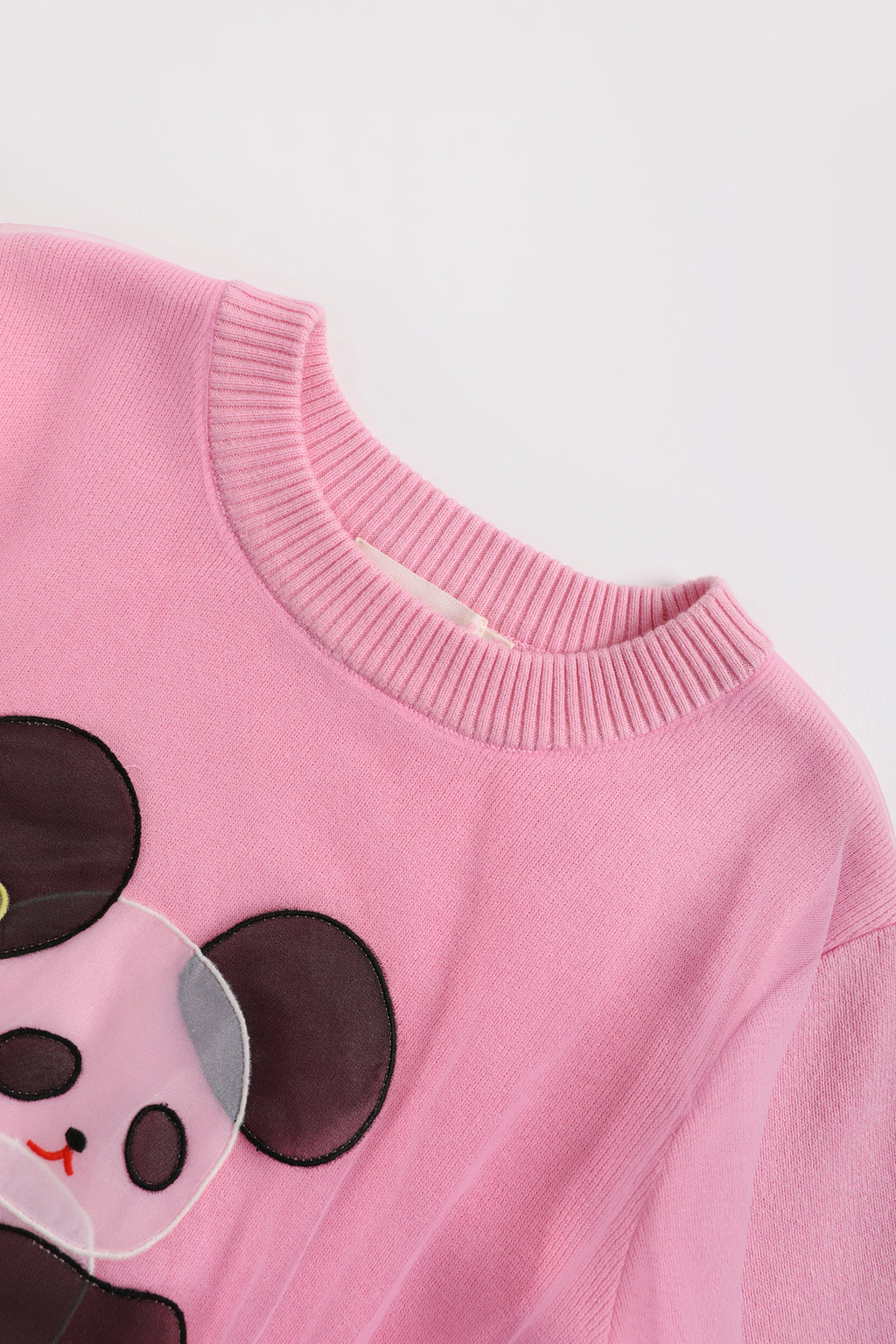 Ink-Wash Organza Embroidered Sweater — Peach Pink; construction and decoration detail