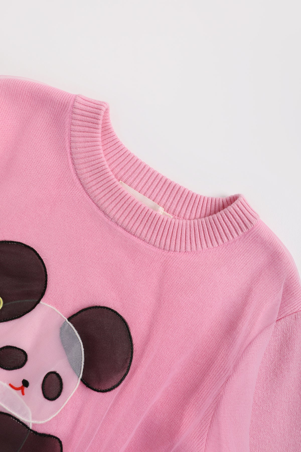 Ink-Wash Organza Embroidered Sweater — Peach Pink; construction and decoration detail