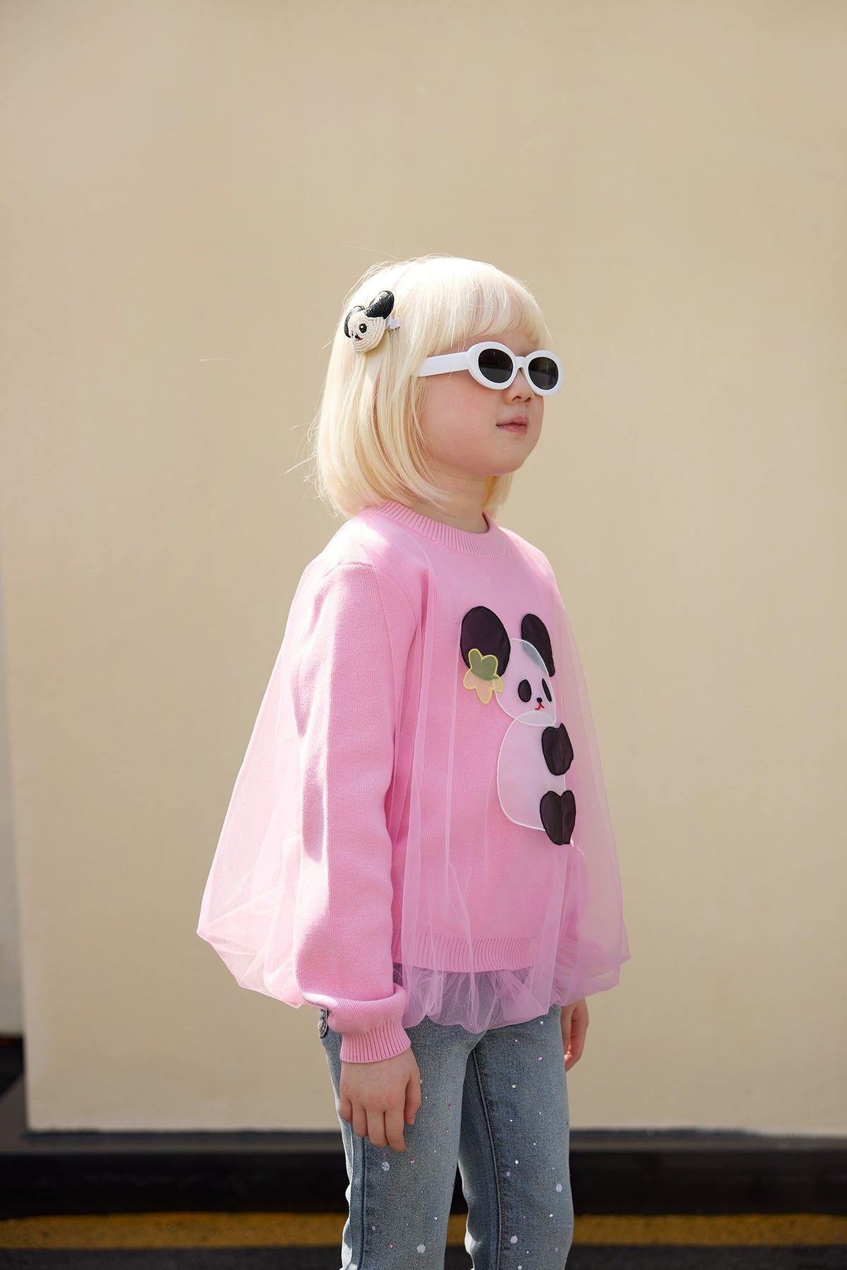 Ink-Wash Organza Embroidered Sweater — Peach Pink; worn view; other styled garments and accessories are not included