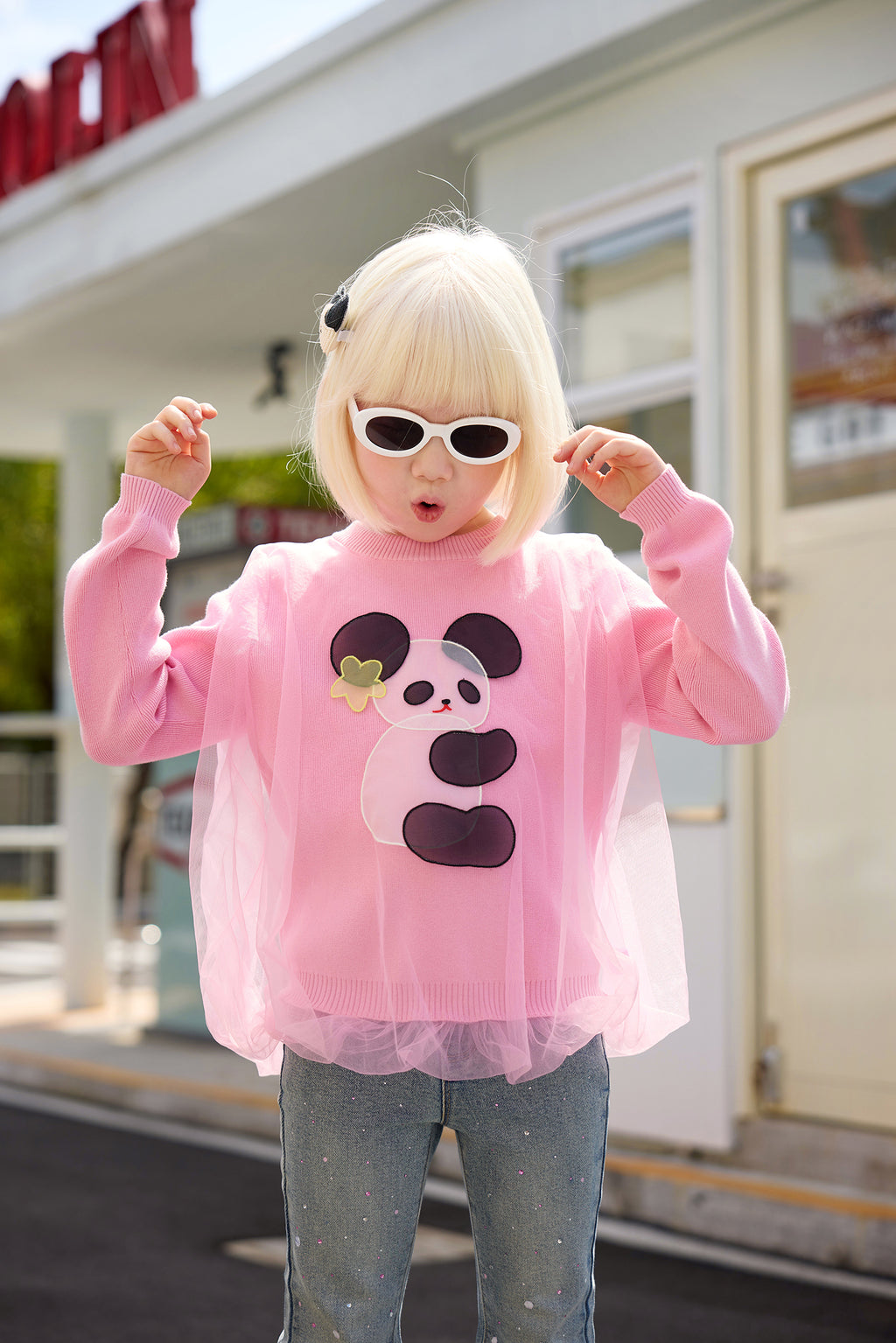 Ink-Wash Organza Embroidered Sweater — Peach Pink; worn view; other styled garments and accessories are not included
