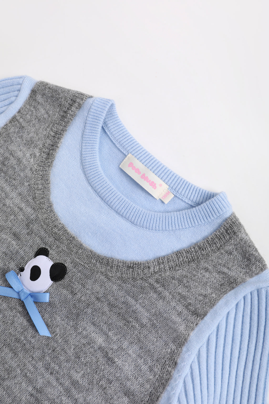 Ink-Wash Layered-Look Sweater in Blue — Sky Blue; construction and decoration detail