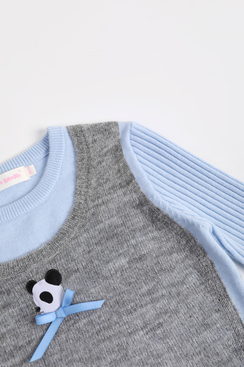 Ink-Wash Layered-Look Sweater in Blue — Sky Blue; construction and decoration detail
