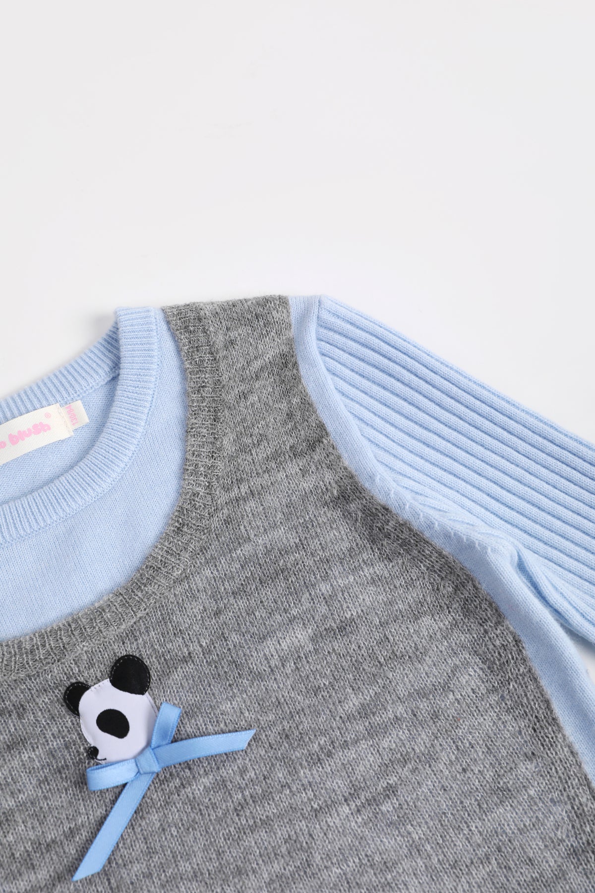 Ink-Wash Layered-Look Sweater in Blue — Sky Blue; construction and decoration detail