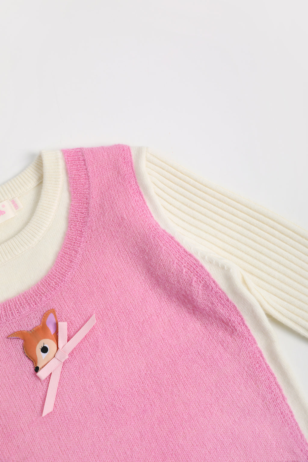 Ink-Wash Layered-Look Sweater in Pink — Milk White; construction and decoration detail
