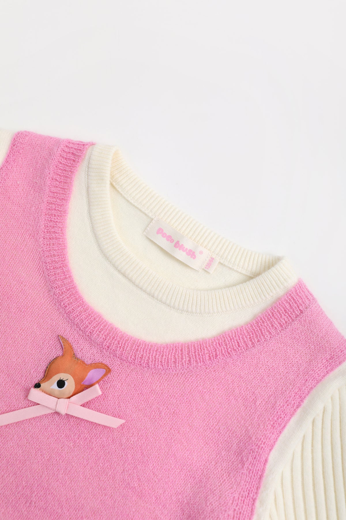 Ink-Wash Layered-Look Sweater in Pink — Milk White; construction and decoration detail