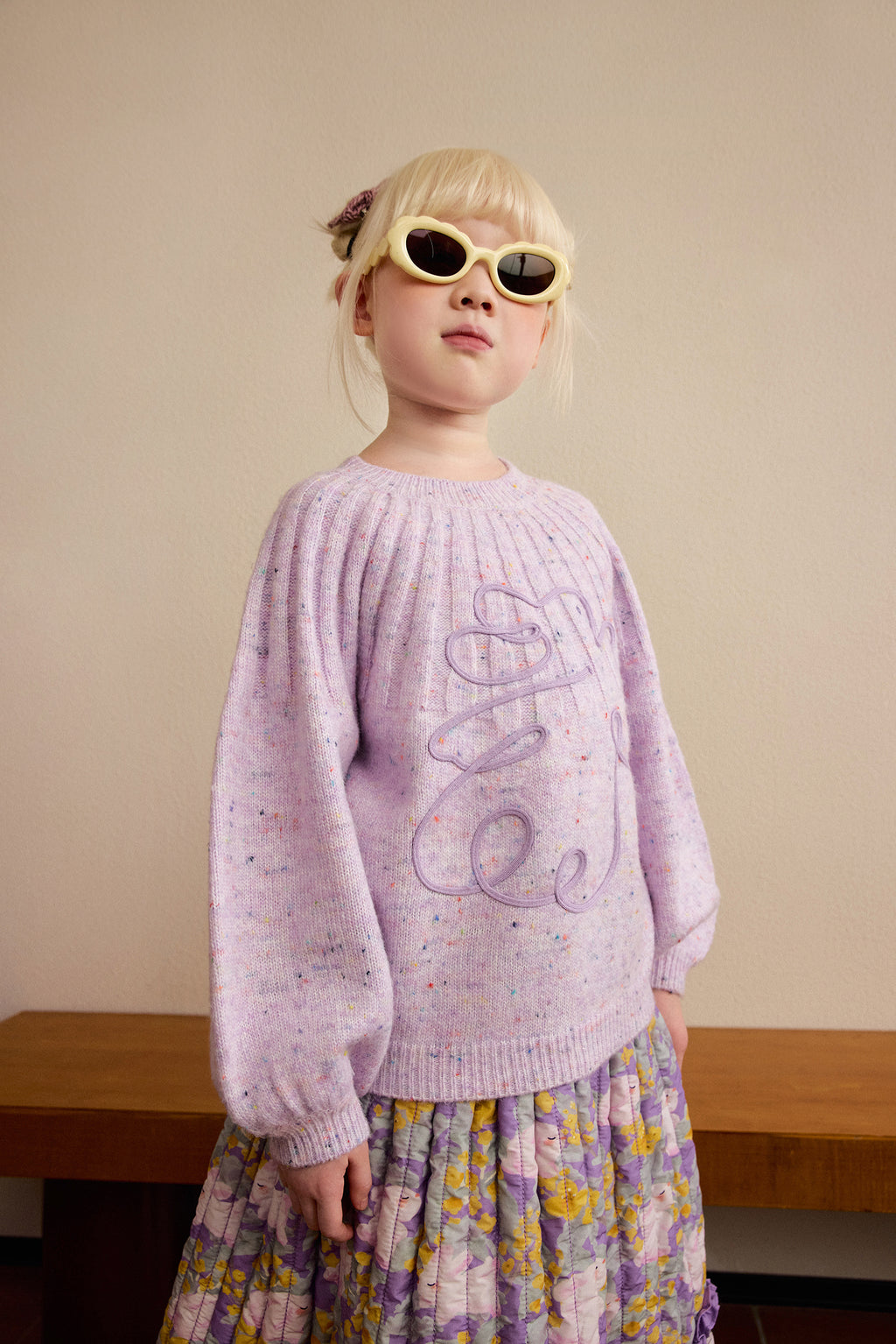 Moon Rabbit Cord-Embroidered Sweater — Taro Purple; worn view; other styled garments and accessories are not included