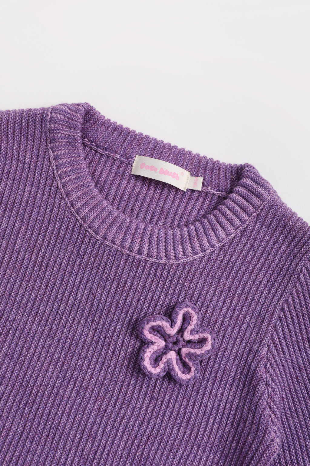 Moon Garden Flower Sweater — Taro Purple; construction and decoration detail
