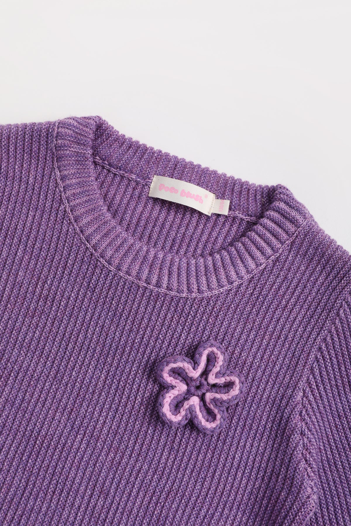 Moon Garden Flower Sweater — Taro Purple; construction and decoration detail