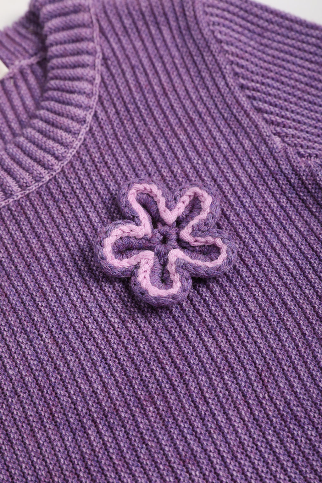Moon Garden Flower Sweater — Taro Purple; construction and decoration detail