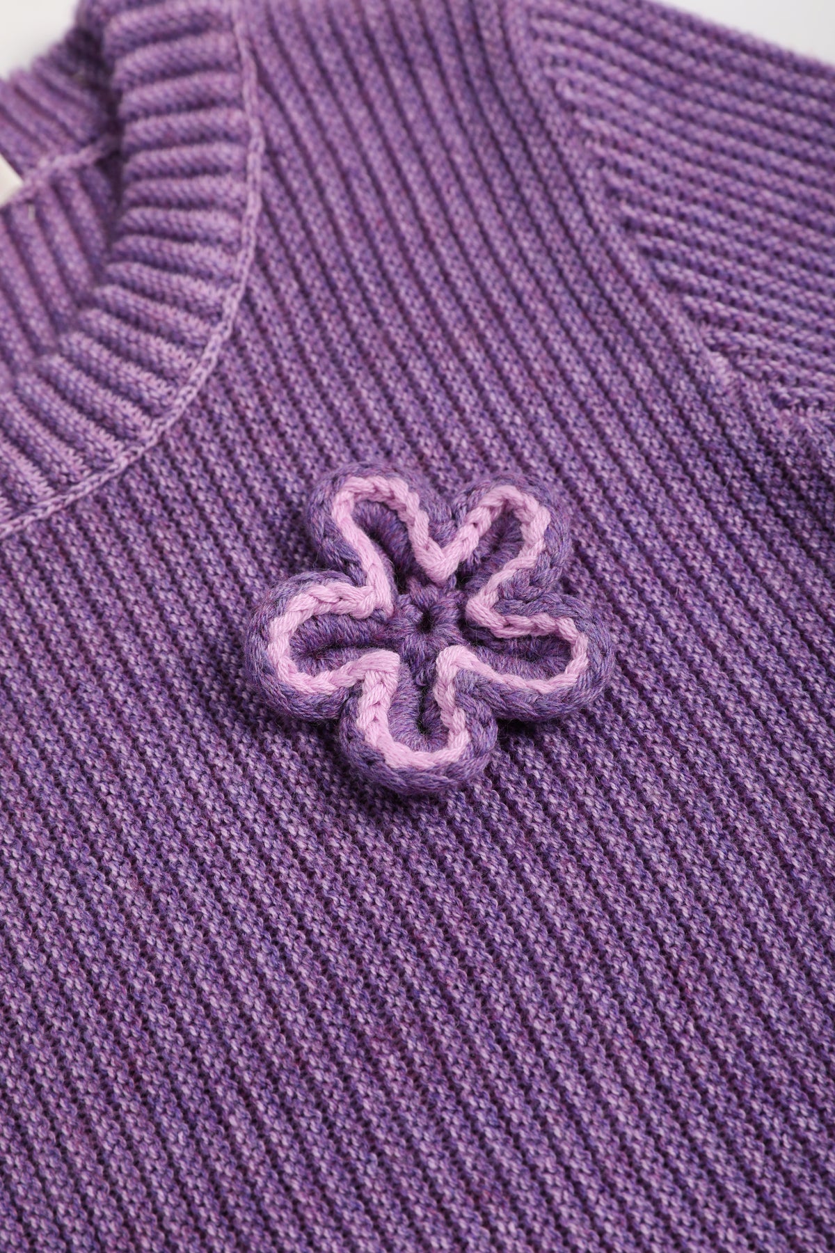 Moon Garden Flower Sweater — Taro Purple; construction and decoration detail