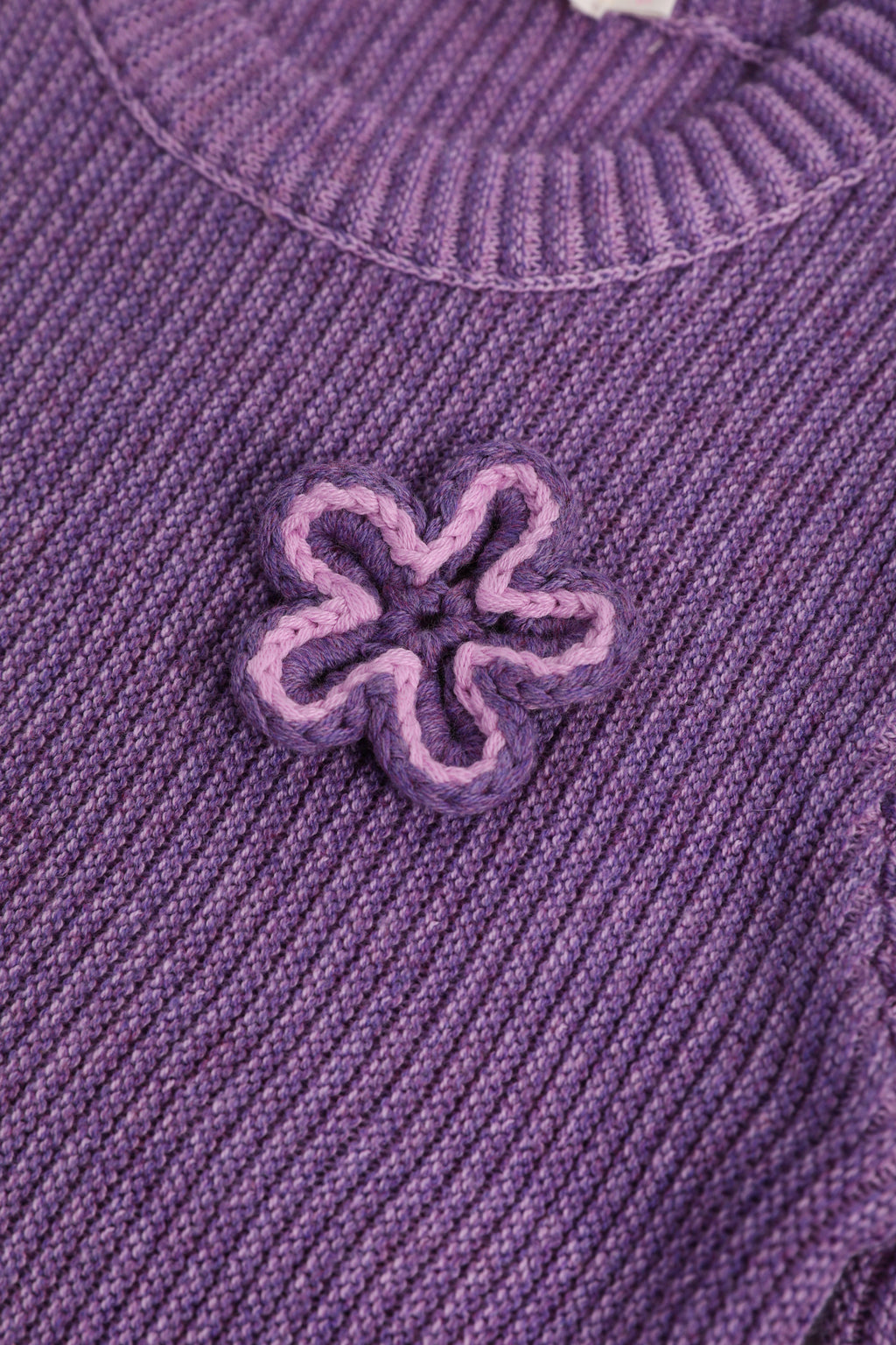 Moon Garden Flower Sweater — Taro Purple; construction and decoration detail