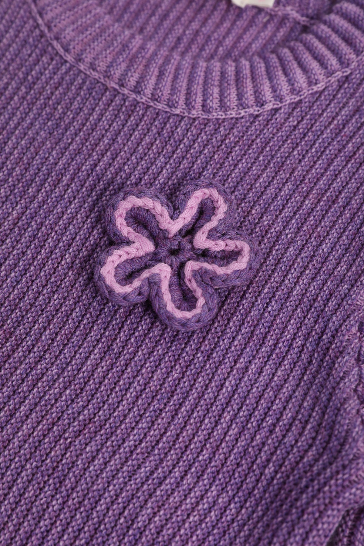 Moon Garden Flower Sweater — Taro Purple; construction and decoration detail