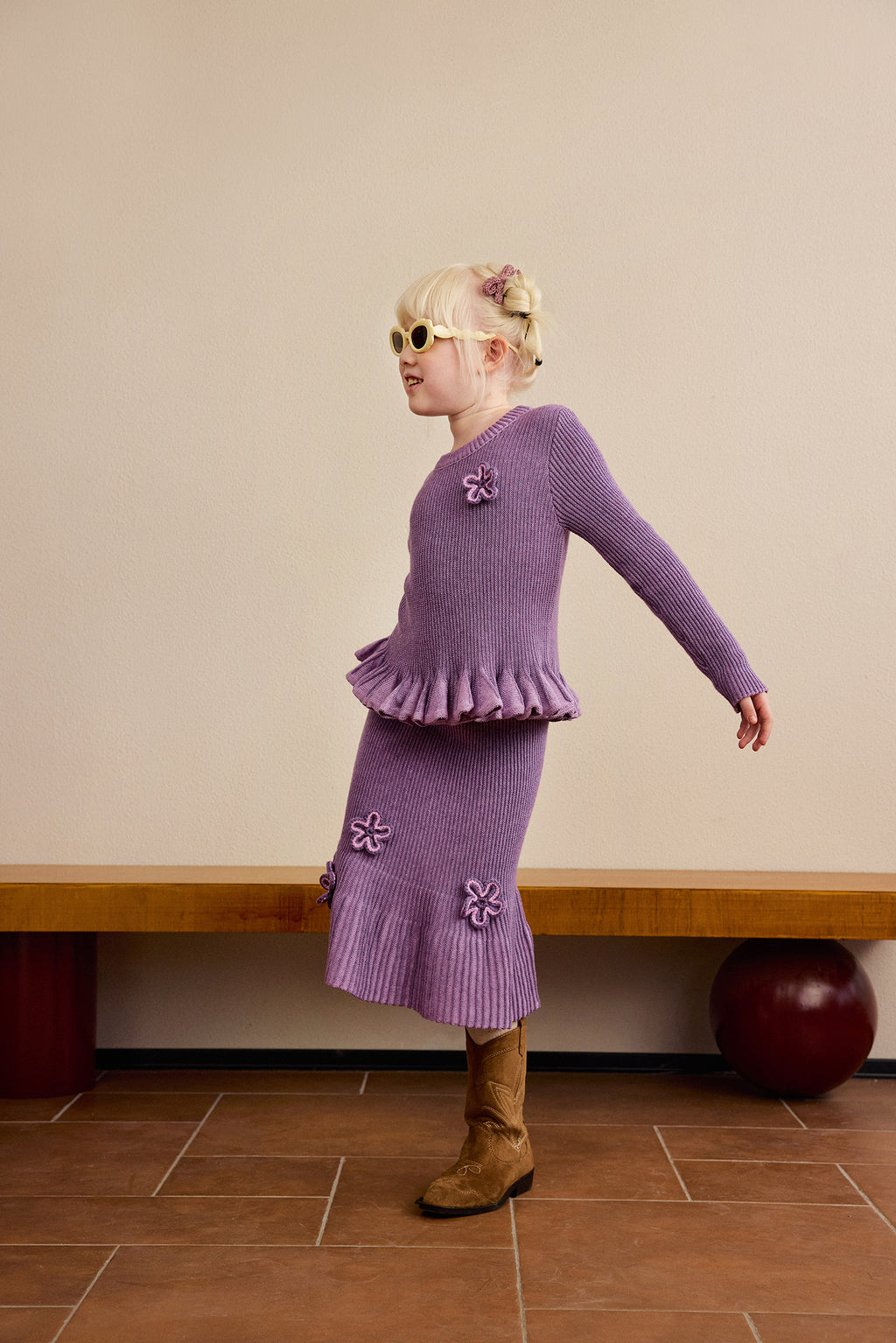 Moon Garden Flower Sweater — Taro Purple; worn view; other styled garments and accessories are not included