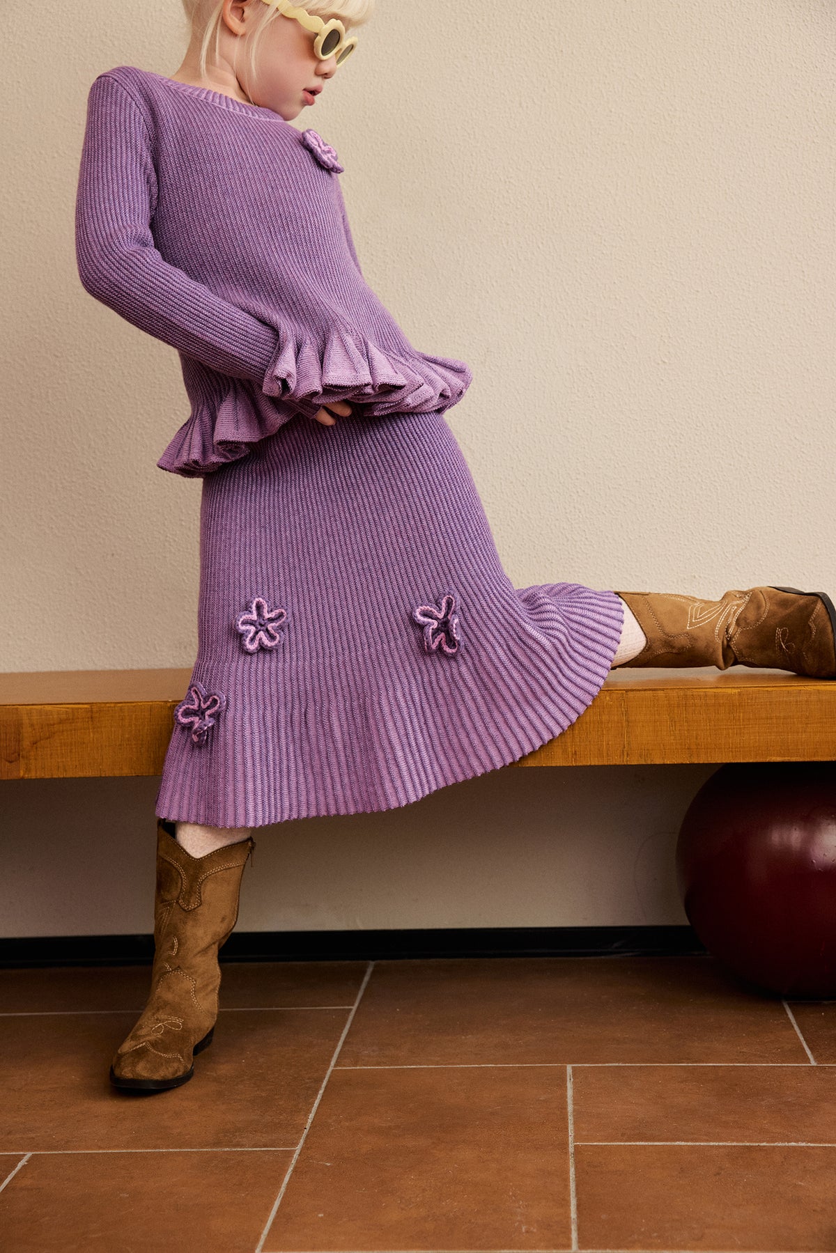 Moon Garden Flower Knit Skirt — Taro Purple; worn view; other styled garments and accessories are not included