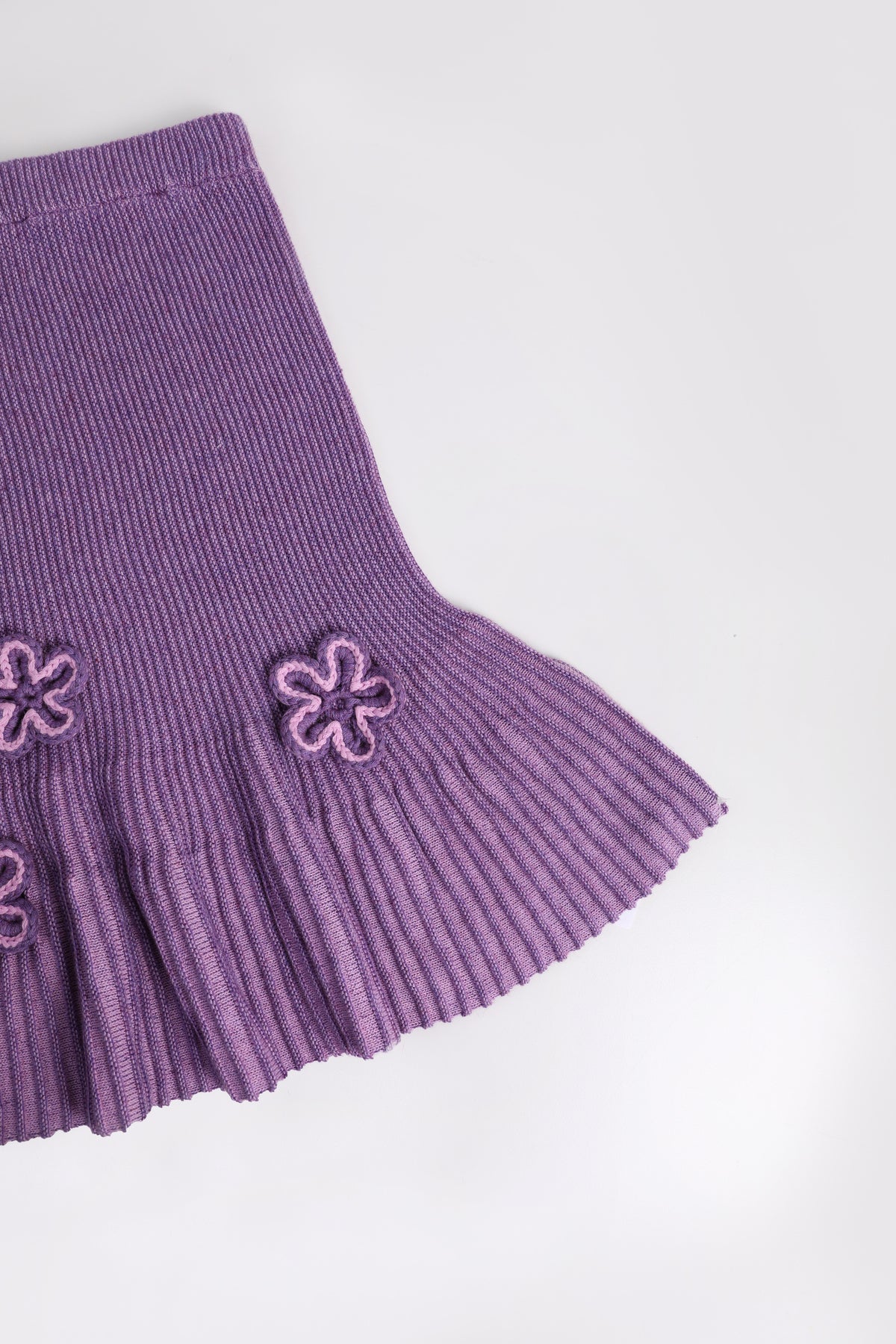 Moon Garden Flower Knit Skirt — Taro Purple; construction and decoration detail