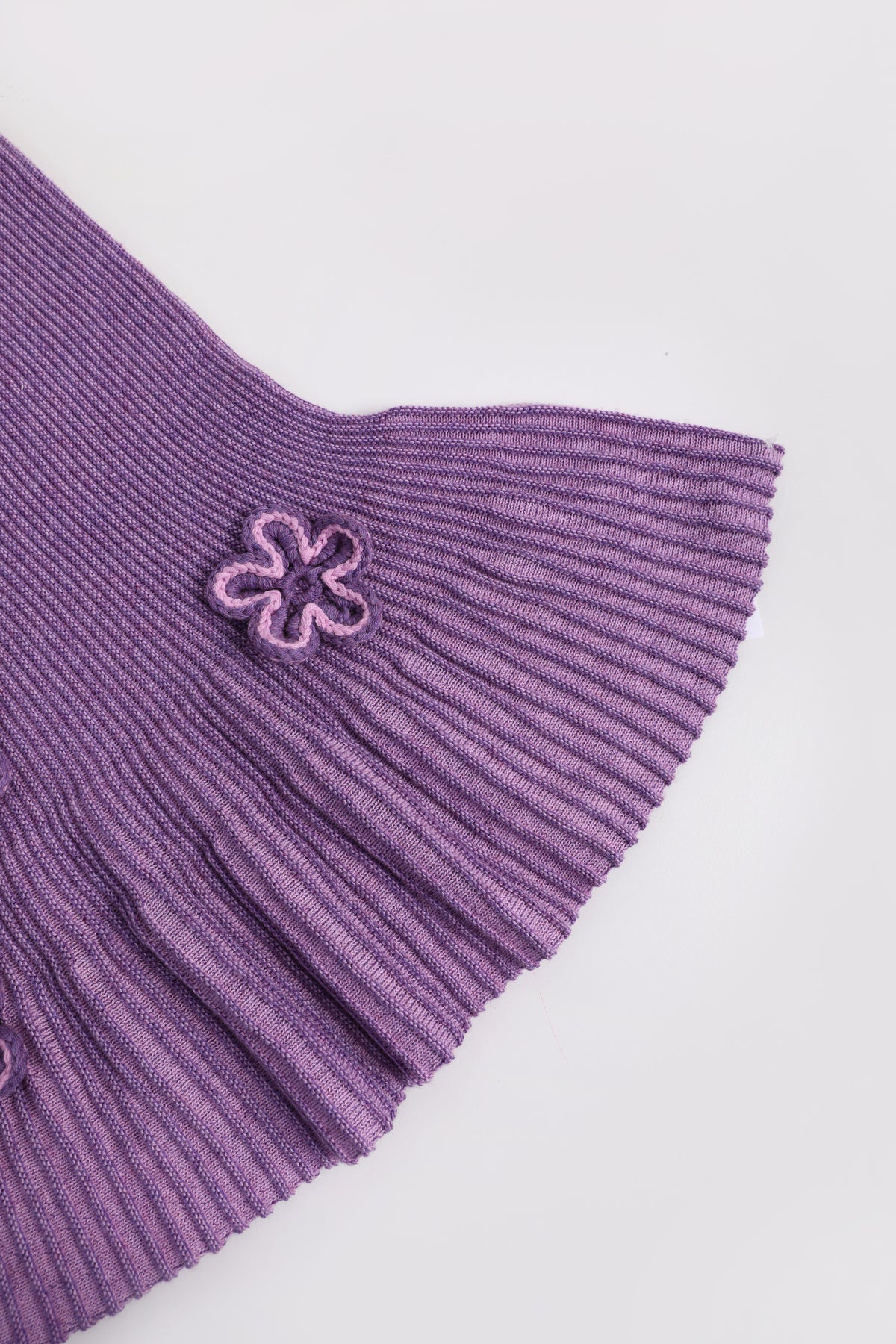 Moon Garden Flower Knit Skirt — Taro Purple; construction and decoration detail