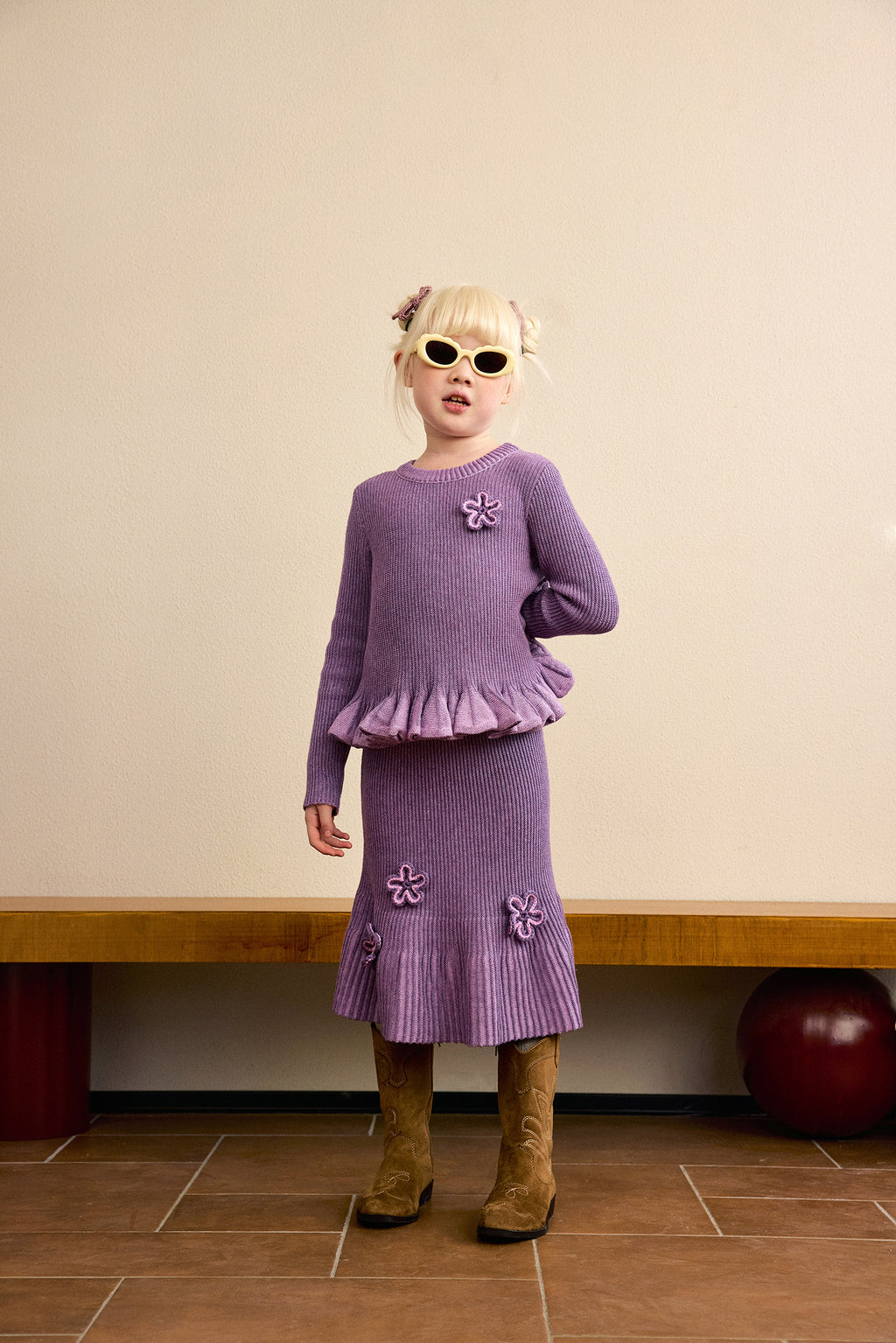 Moon Garden Flower Knit Skirt — Taro Purple; worn view; other styled garments and accessories are not included