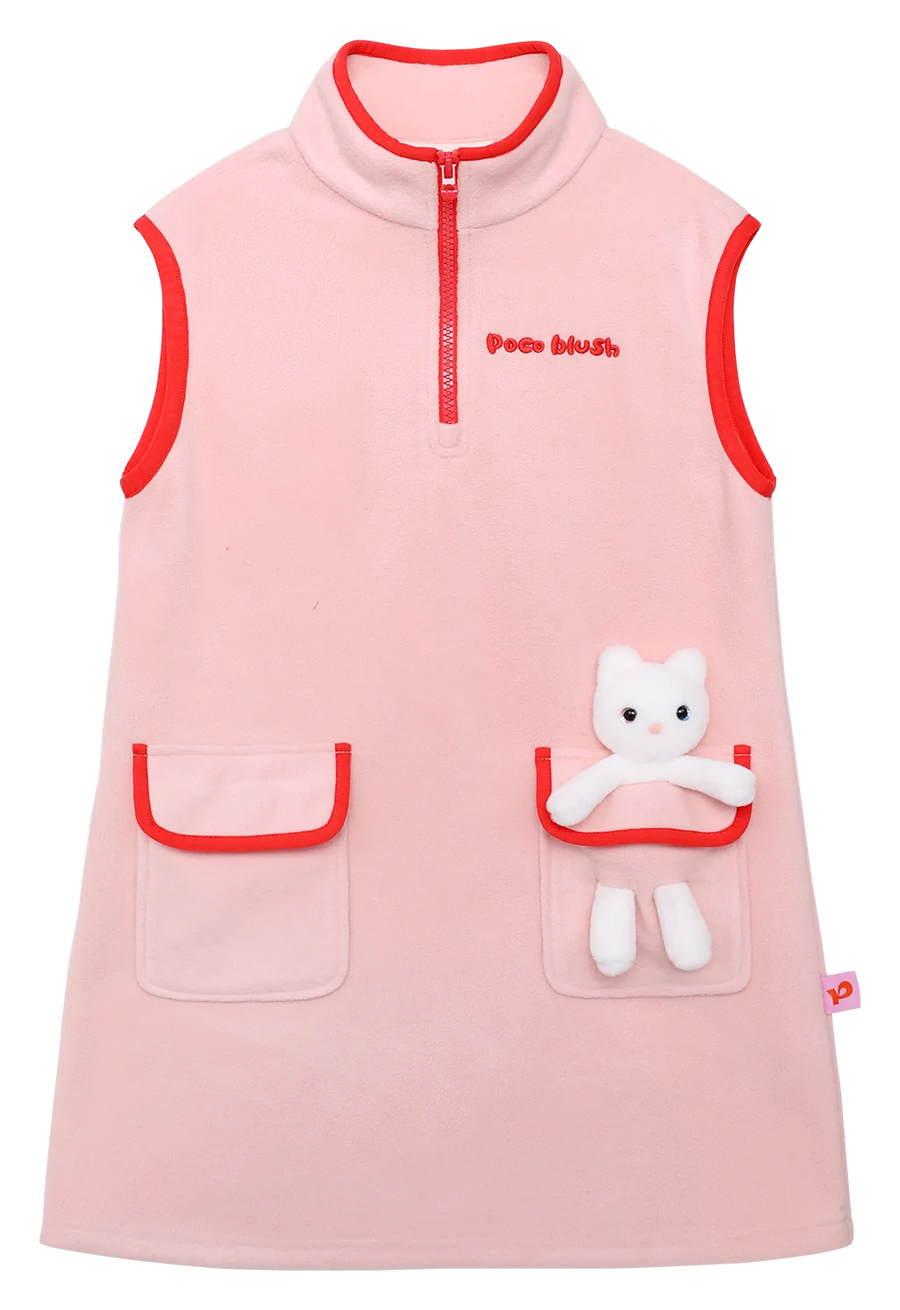 Dusty Pink fleece pinafore with a little animal peeking out of the pocket.