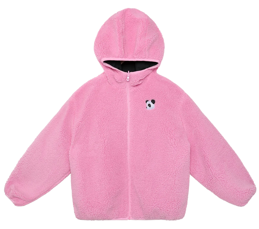 Black reversible hooded jacket turned to its pink fleece side.