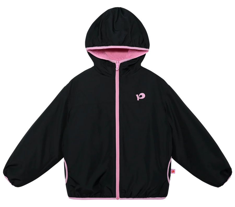 Black reversible hooded jacket, smooth printed side.