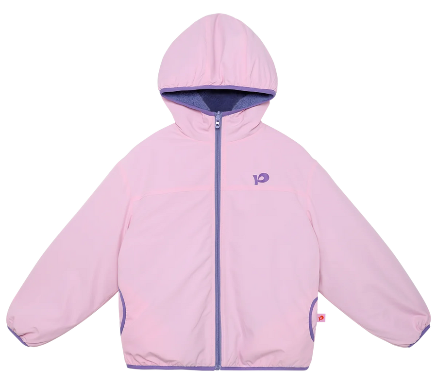 Peach Pink reversible hooded jacket, smooth printed side.