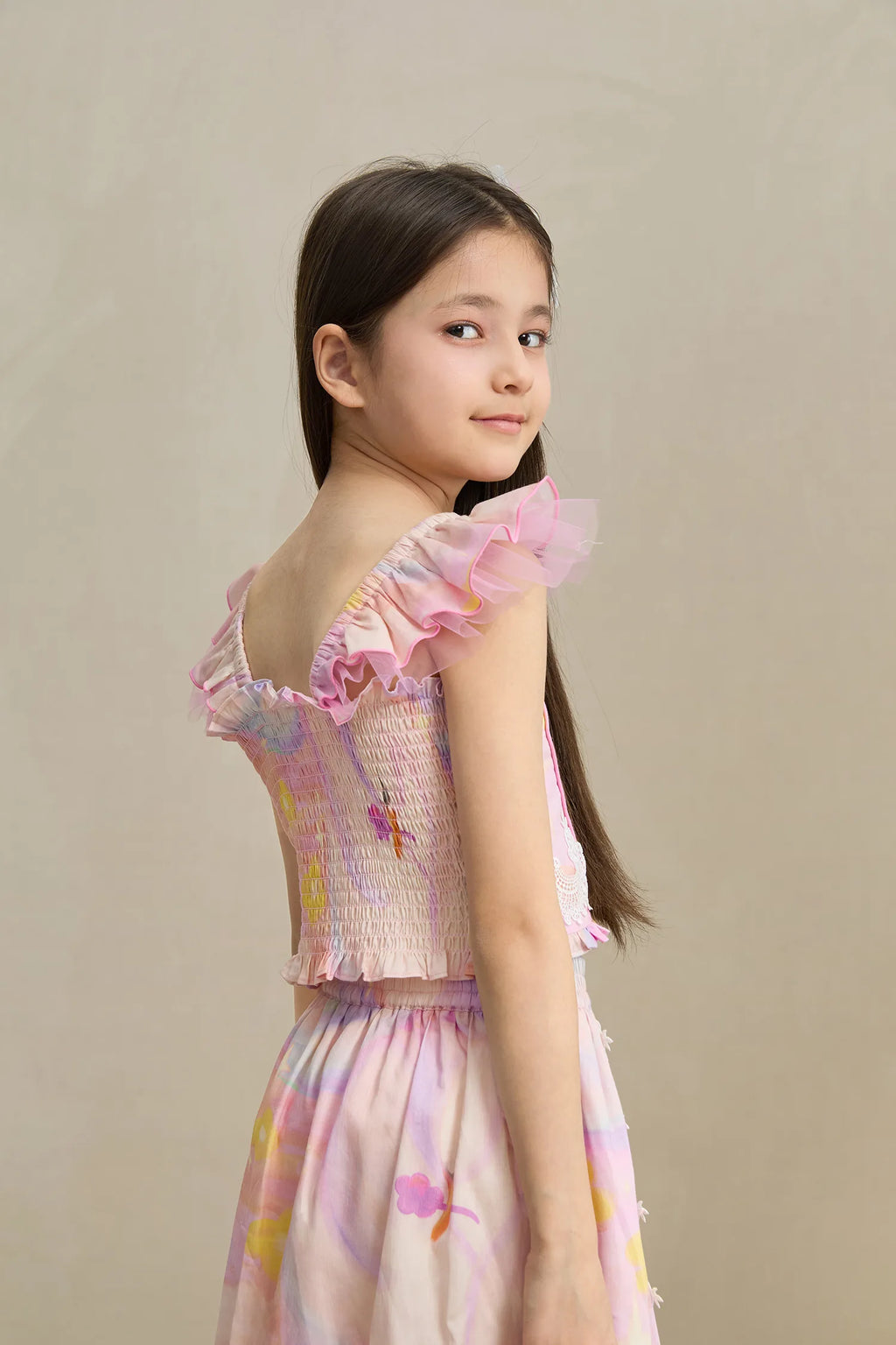 Poco Blush Swan Wing Smocked Strap Top