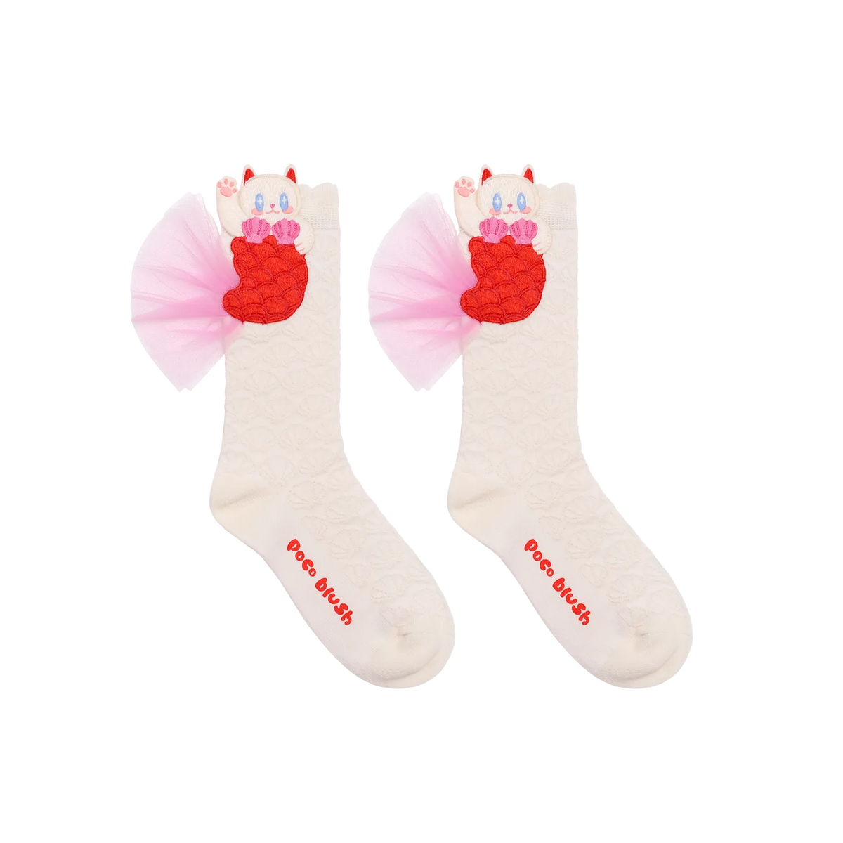 Poco Blush Mermaid Cat Shell Embroidered Socks