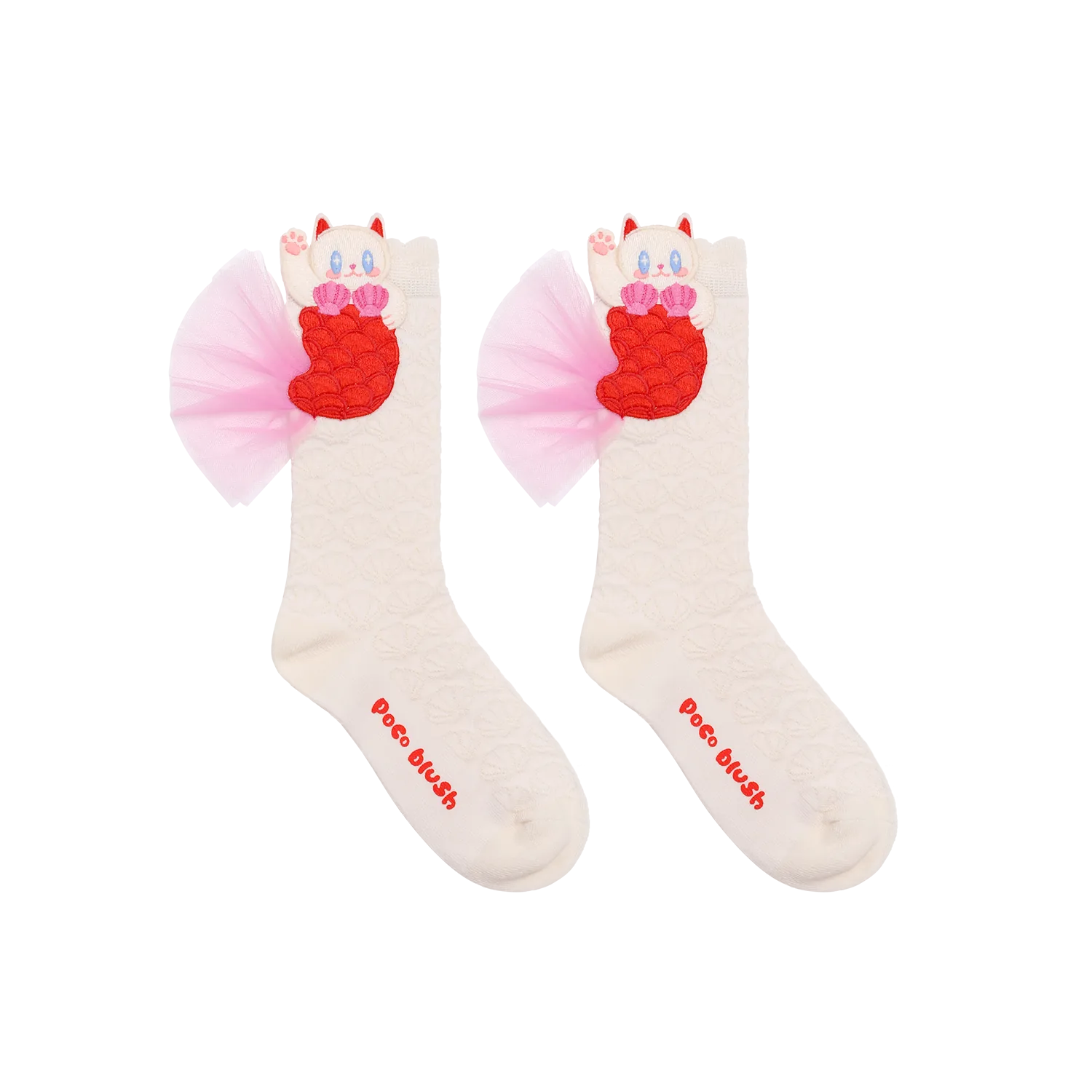 Poco Blush Mermaid Cat Shell Embroidered Socks