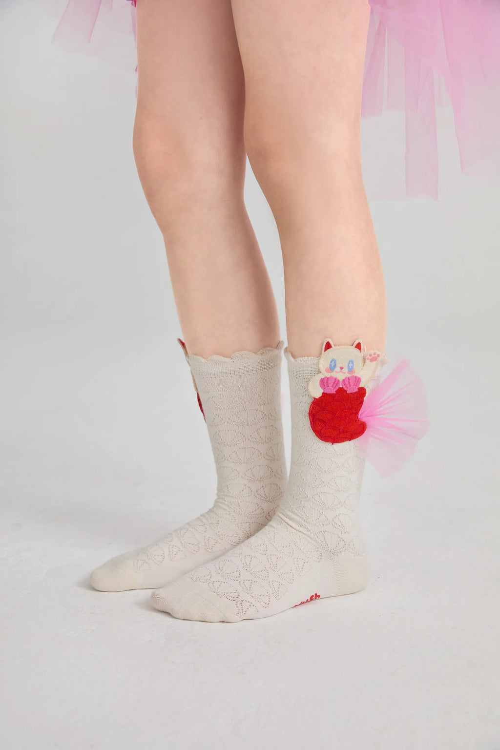 Poco Blush Mermaid Cat Shell Embroidered Socks
