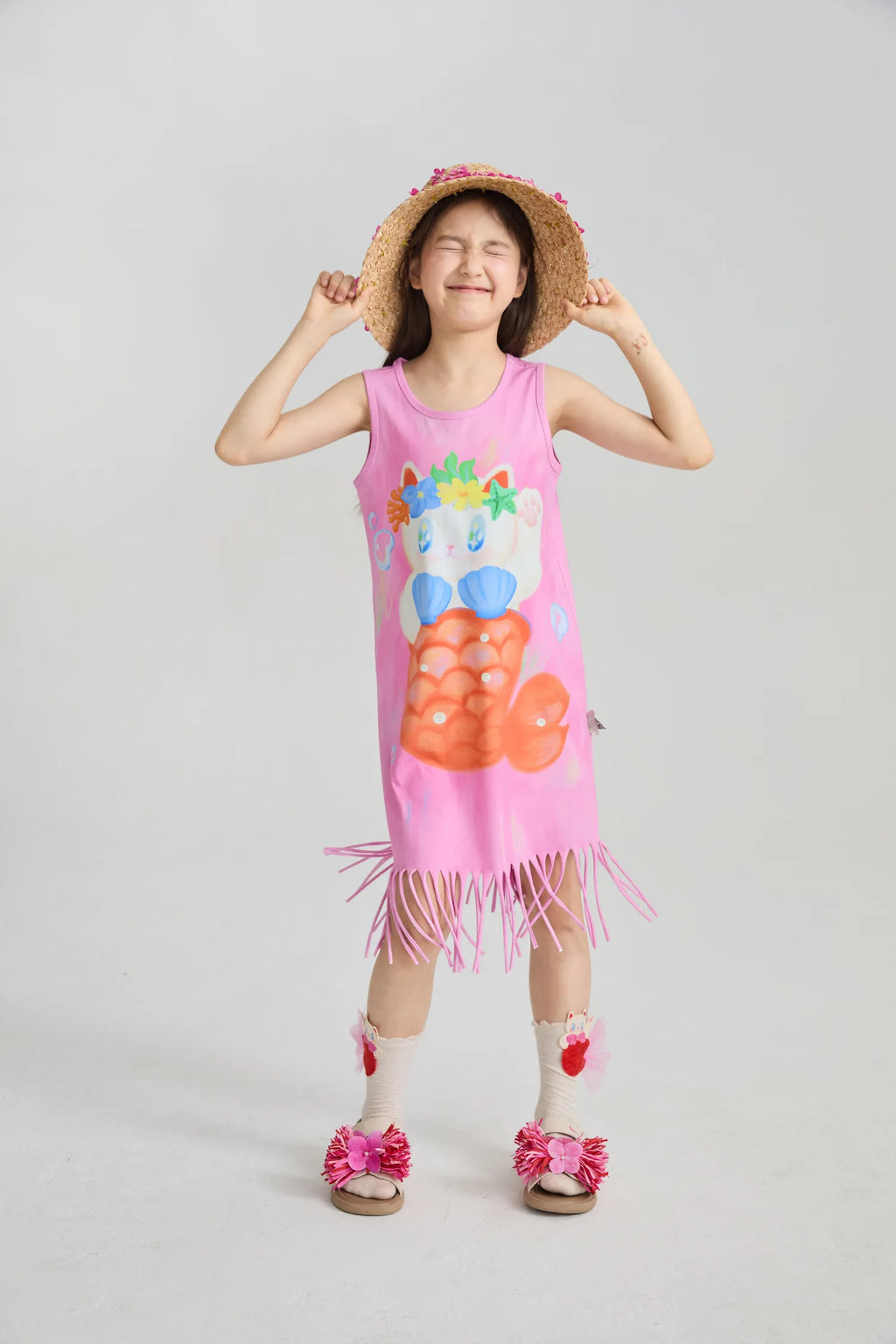 Poco Blush Mermaid Cat Shell Embroidered Socks