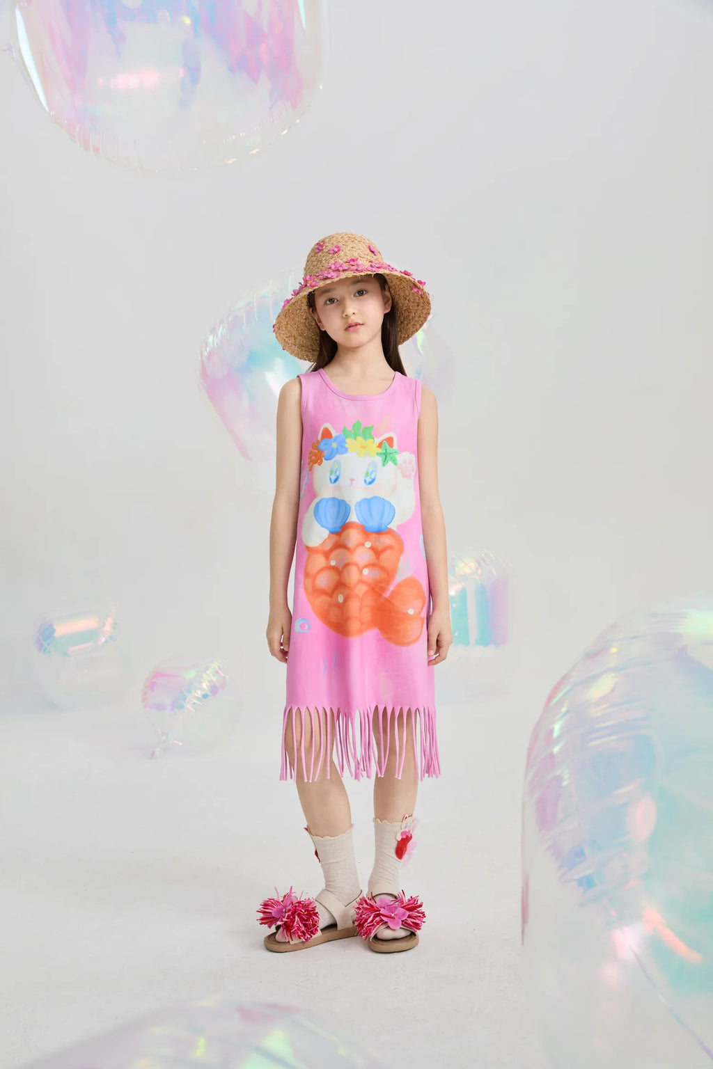 Poco Blush Mermaid Cat Shell Embroidered Socks