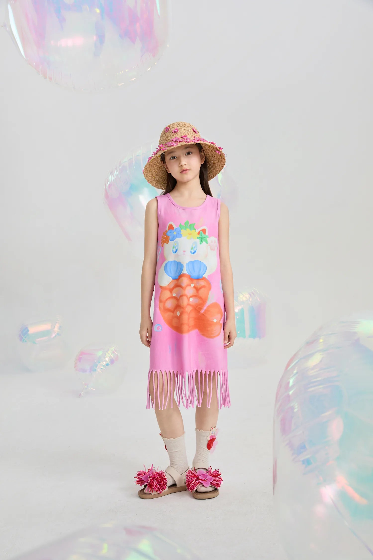 Poco Blush Mermaid Cat Shell Embroidered Socks