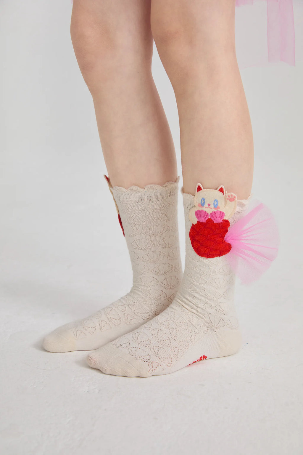 Poco Blush Mermaid Cat Shell Embroidered Socks