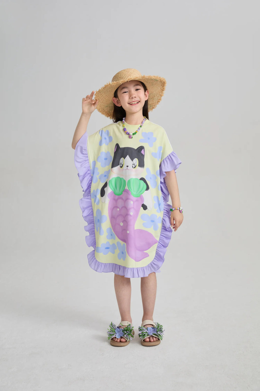 Poco Blush Mermaid Cat Hawaiian Ruffle Dress