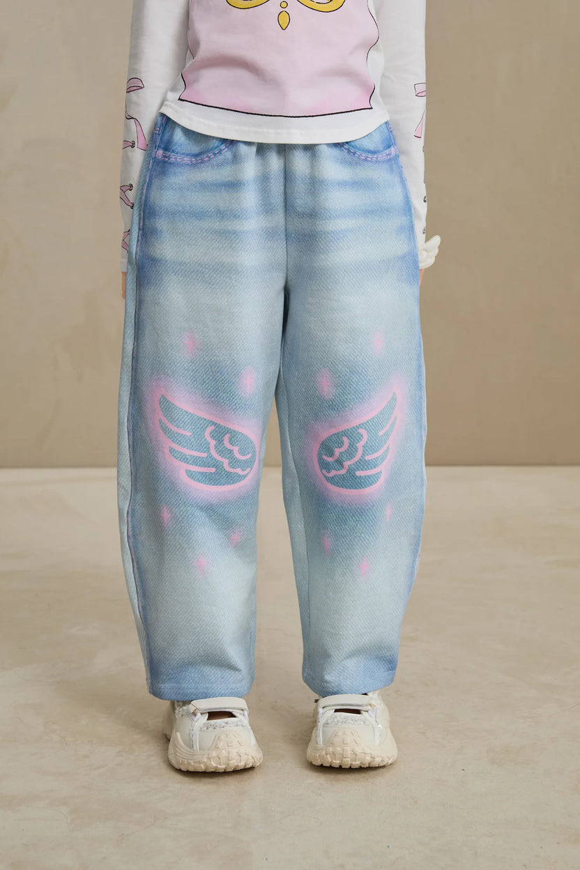 Poco Blush Denim Joggers with Wing Print
