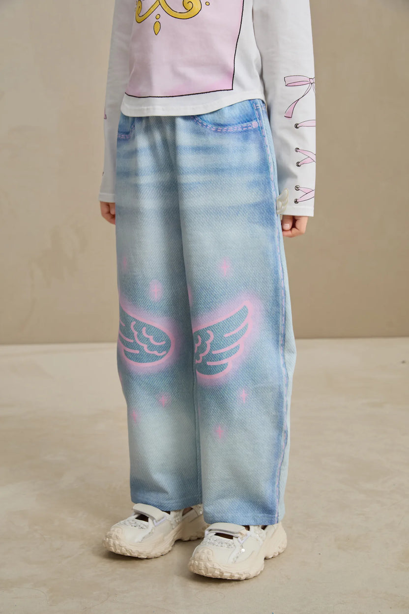 Poco Blush Denim Joggers with Wing Print