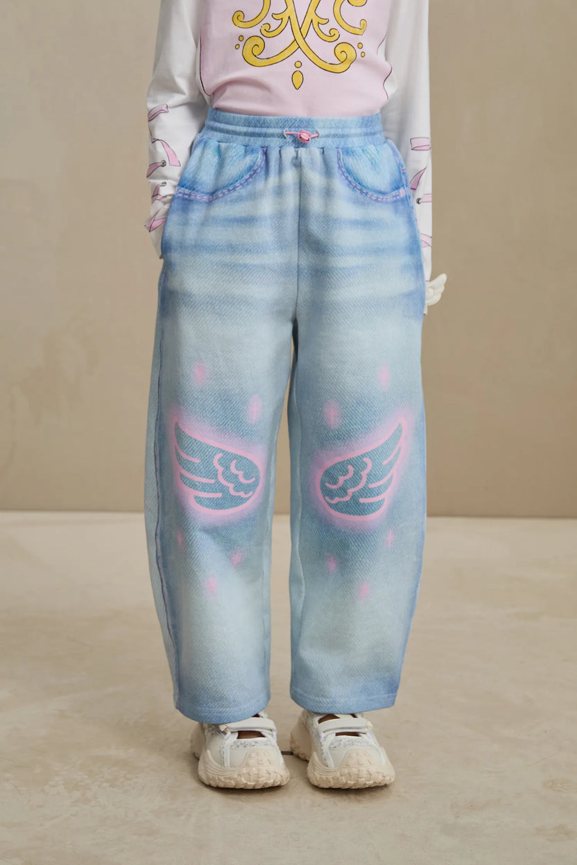 Poco Blush Denim Joggers with Wing Print