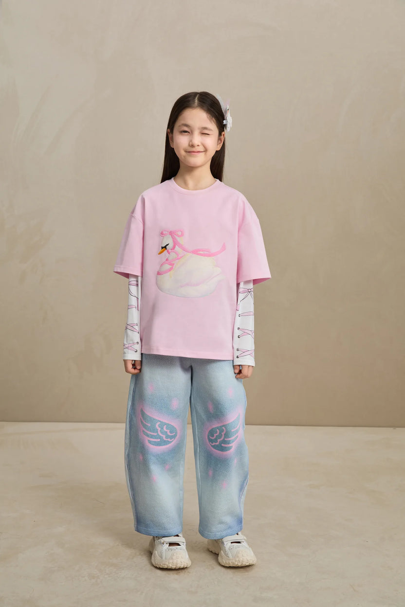 Poco Blush Denim Joggers with Wing Print