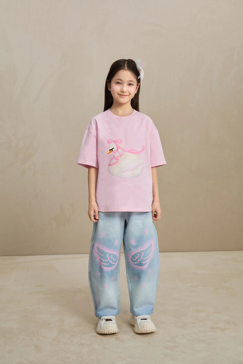 Poco Blush Denim Joggers with Wing Print