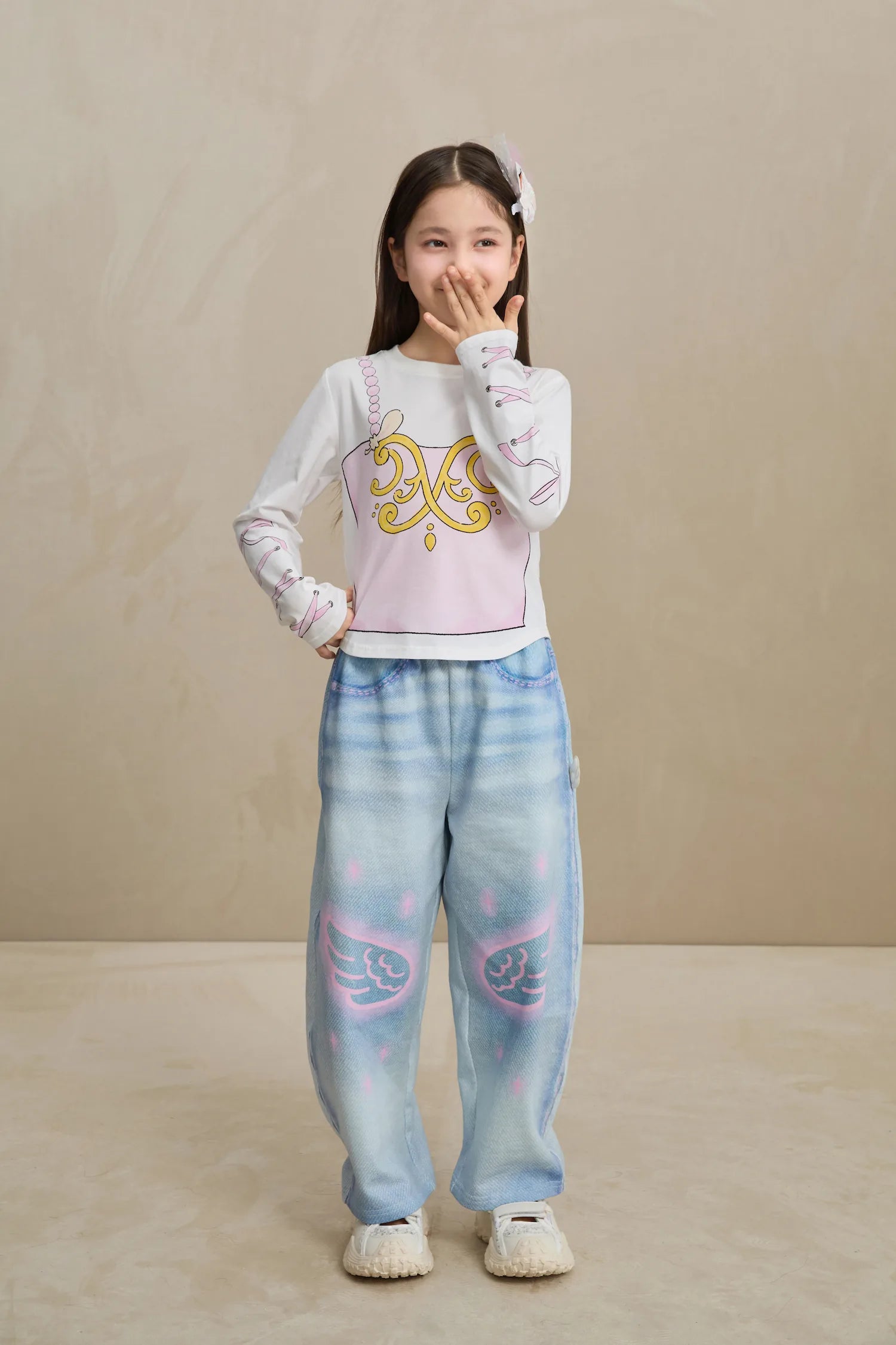 Poco Blush Denim Joggers with Wing Print