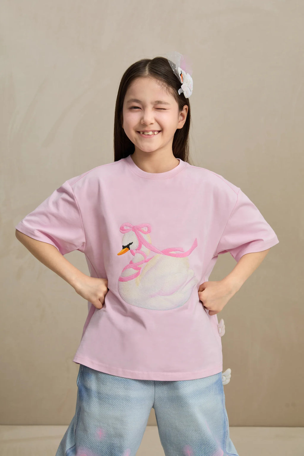 Poco Blush Embroidered Swan Tee with Wings