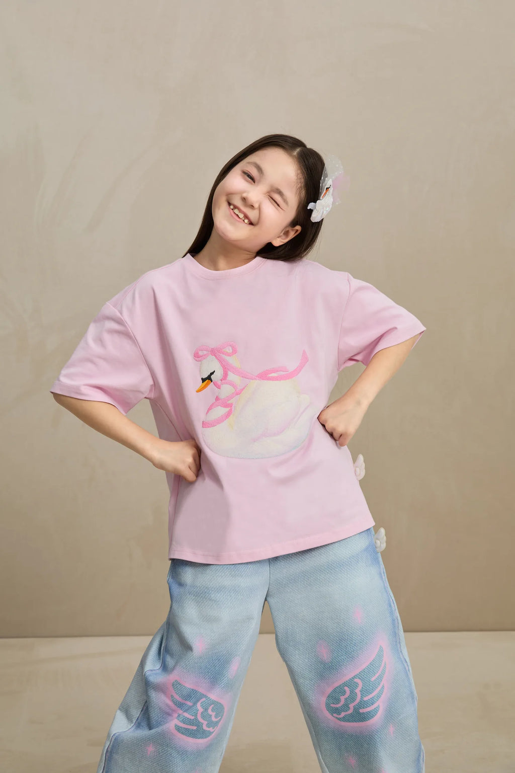 Poco Blush Embroidered Swan Tee with Wings