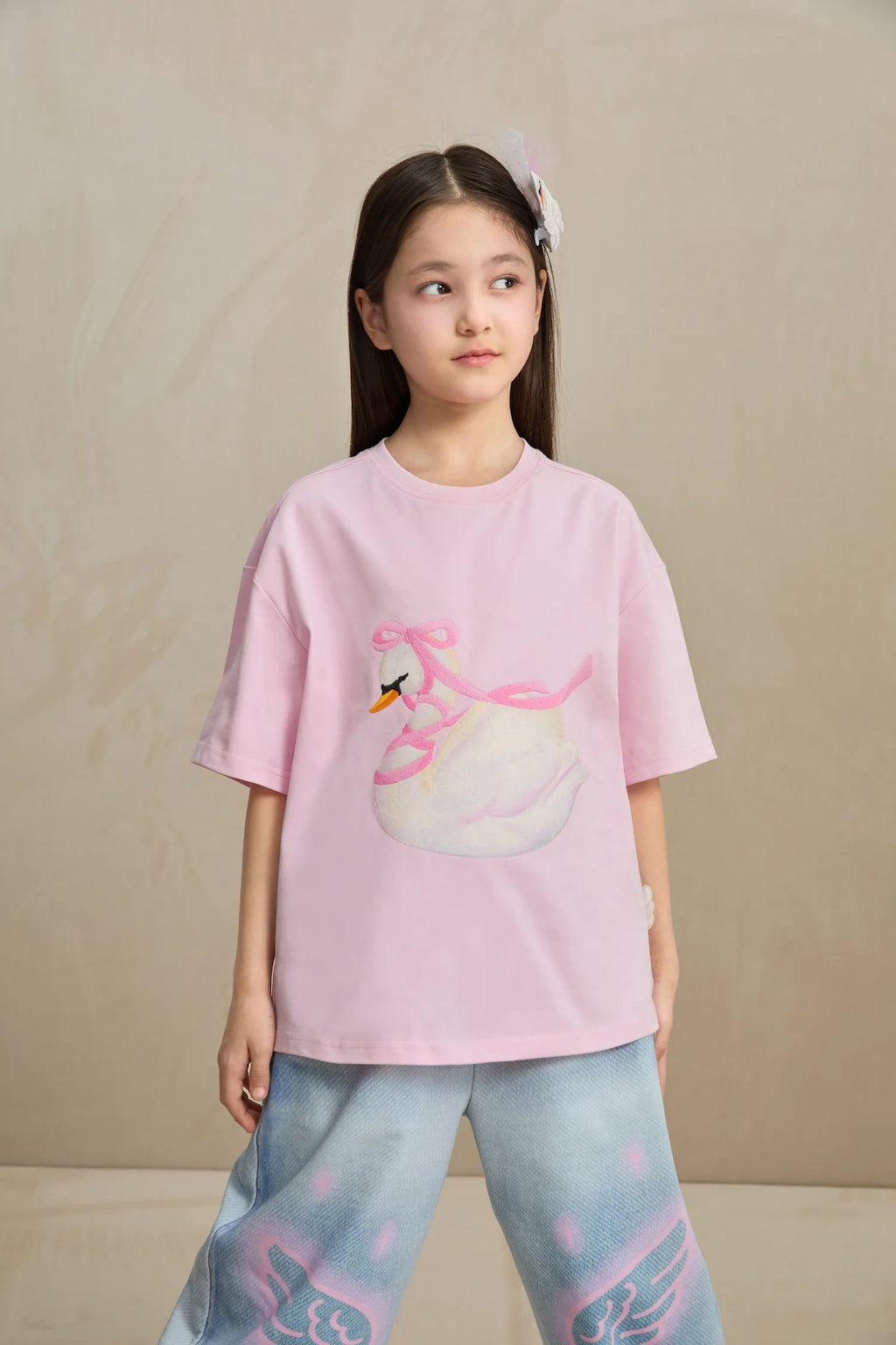 Poco Blush Embroidered Swan Tee with Wings