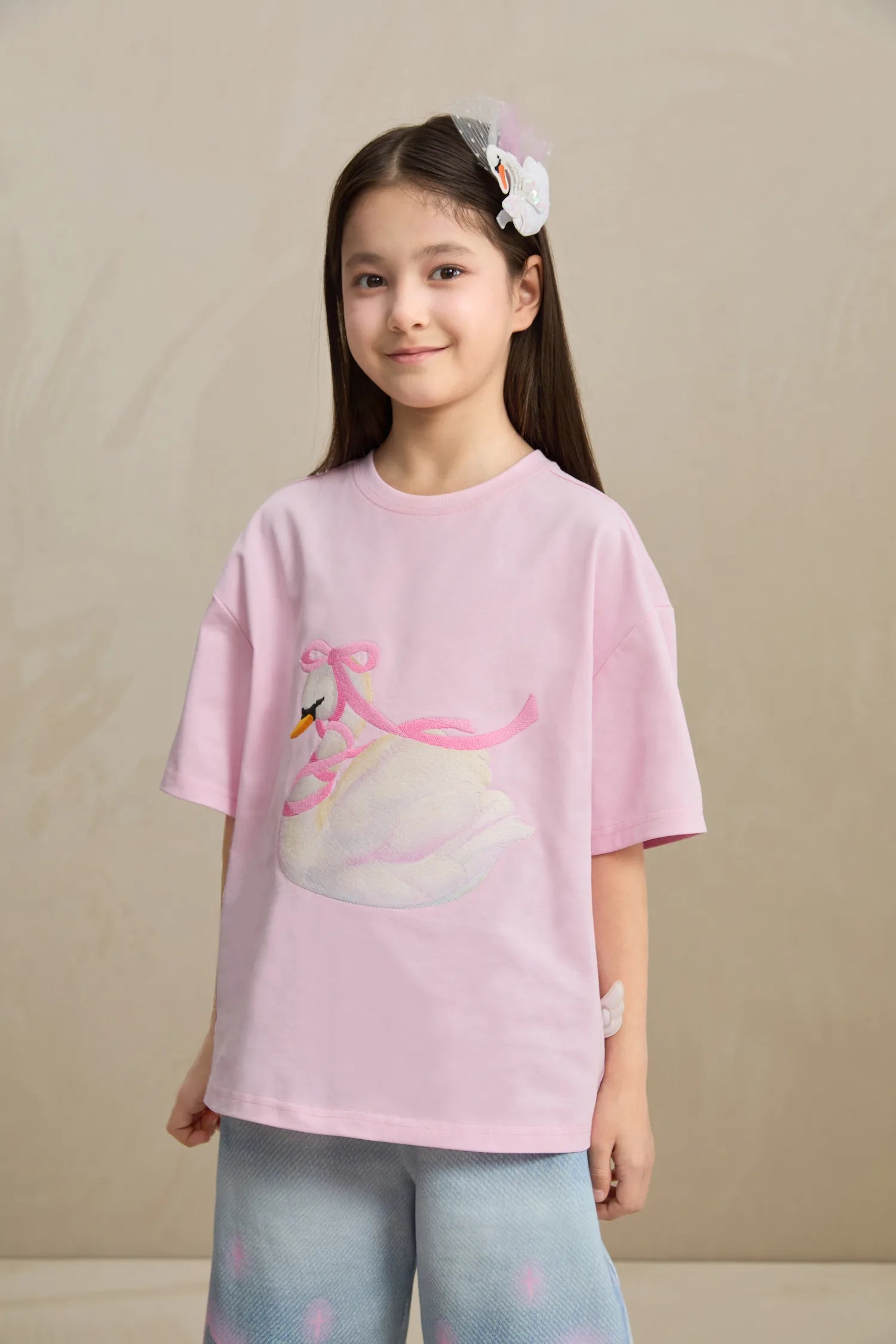 Poco Blush Embroidered Swan Tee with Wings