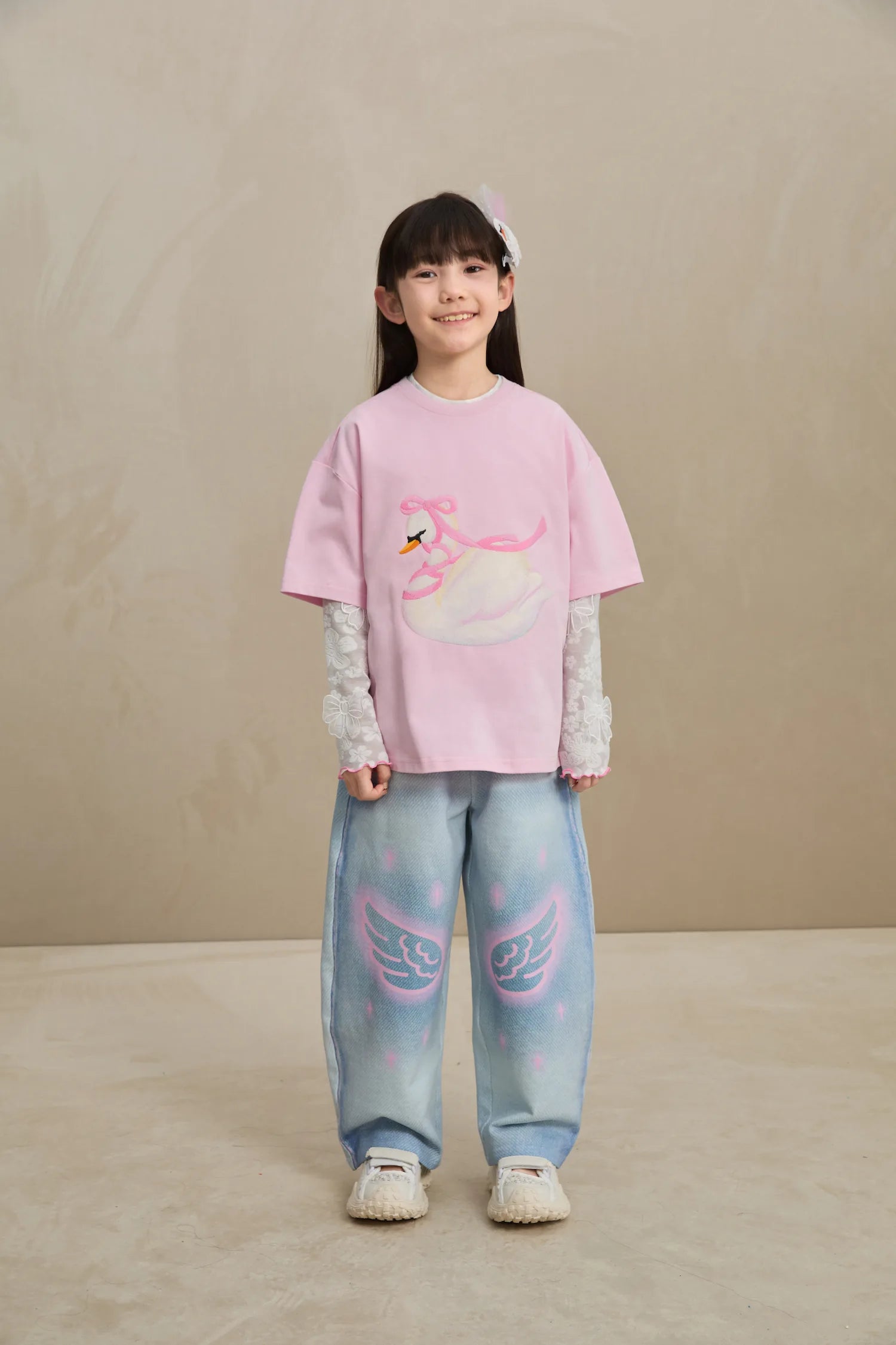 Poco Blush Embroidered Swan Tee with Wings