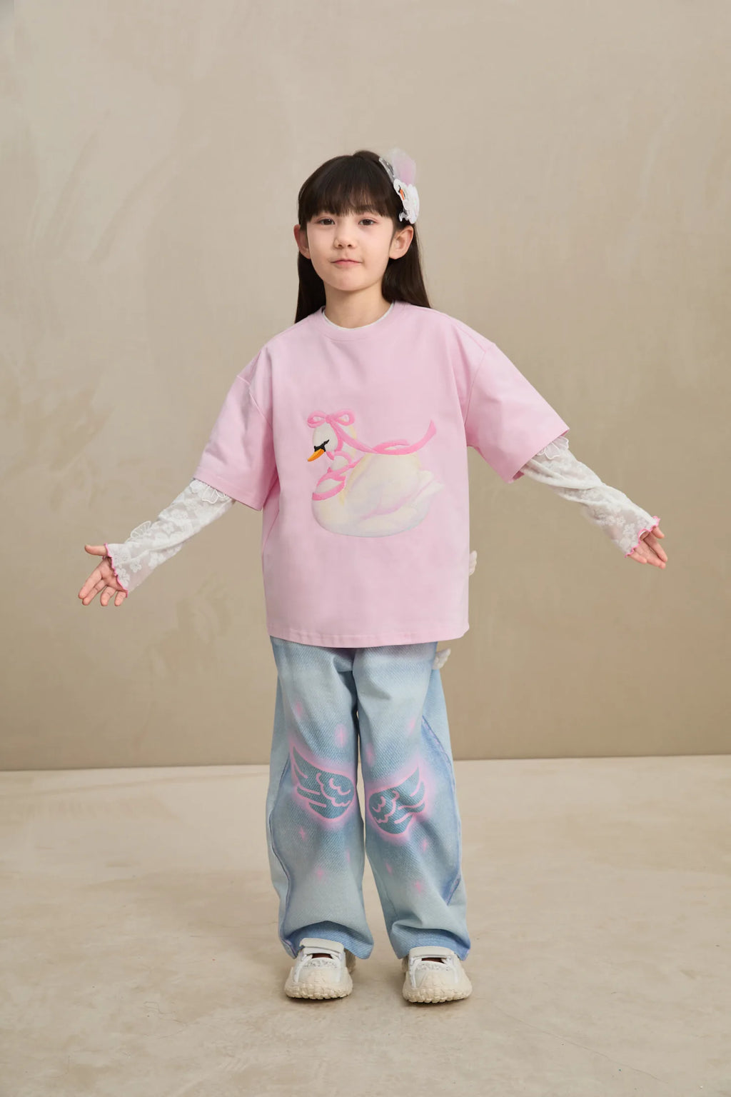 Poco Blush Embroidered Swan Tee with Wings