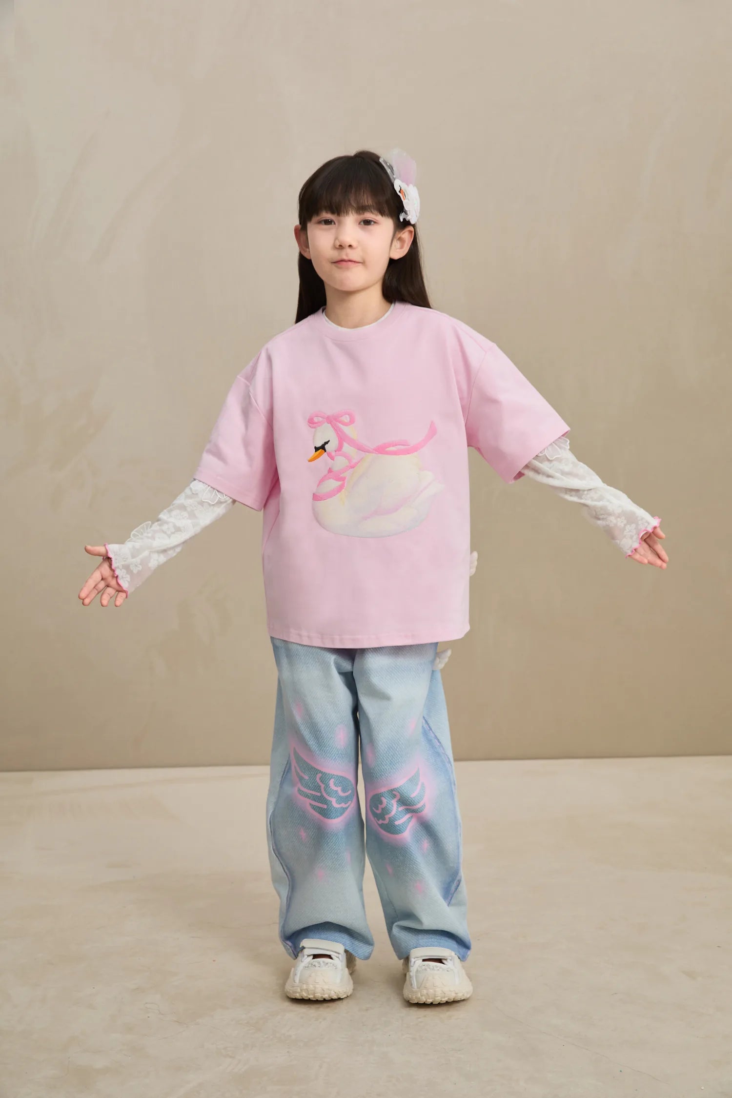 Poco Blush Embroidered Swan Tee with Wings