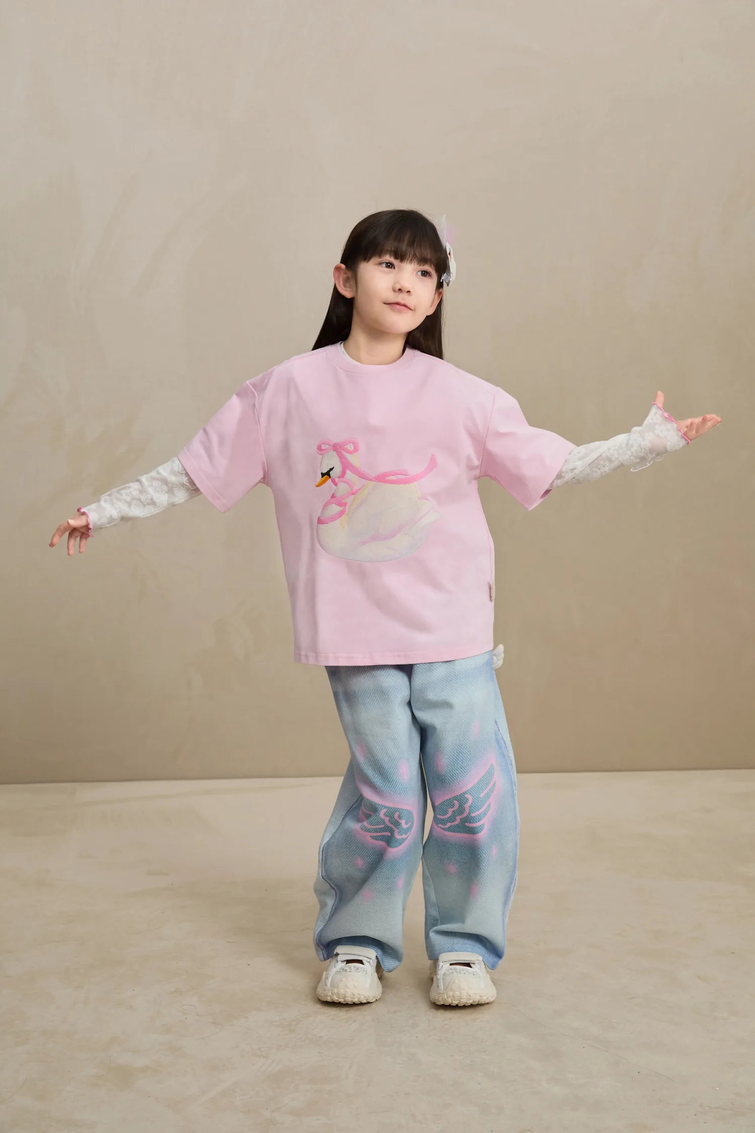 Poco Blush Embroidered Swan Tee with Wings